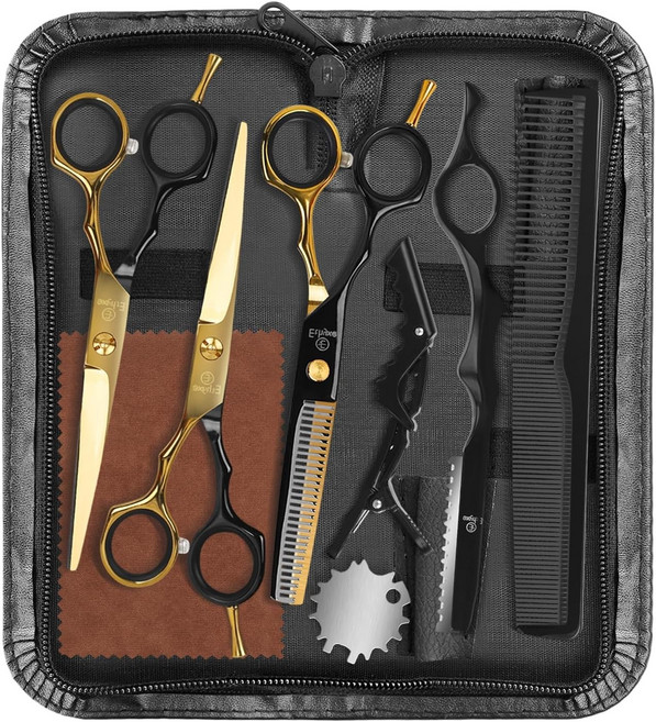 전문가용 미용 가위 틴닝 세트 면도기 가죽 케이스 포함 블랙 스테인리스 헤어 숱 콤보 바버 샵 살롱 홈미용 머리카락 정리, 3-scissors set, Black&gold