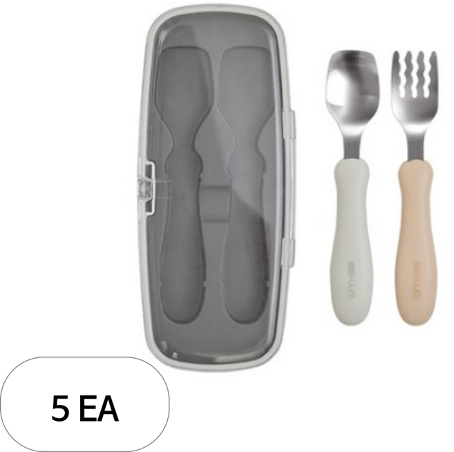 모윰 자기주도 실리콘 스푼 포크 세트 + 케이스, 그레이 + 베이지, 5세트