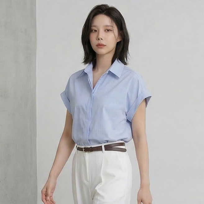오브나인 캡소매 핀턱 반팔 카라 셔츠 블라우스 (2color)+델로나