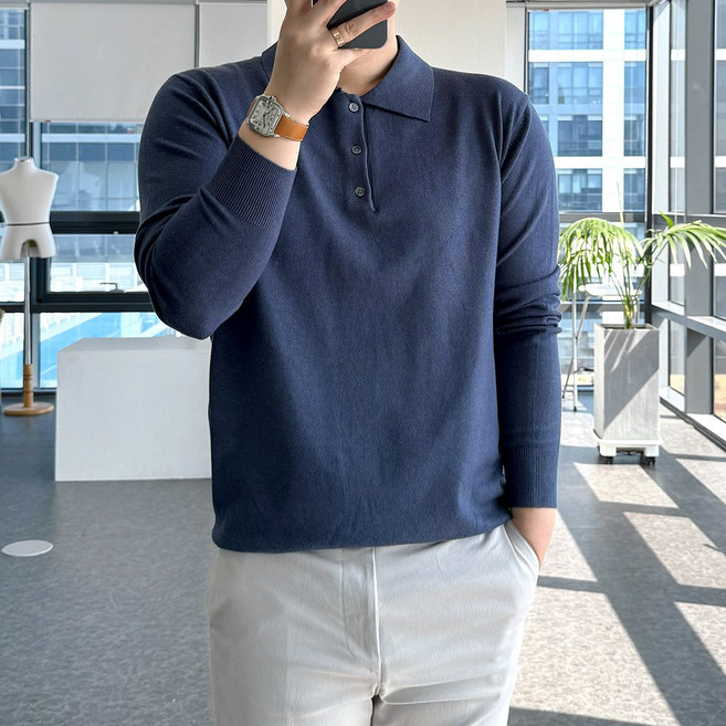 룩플레인 부드러운 비스코스 긴팔 니트 카라 티셔츠 9color