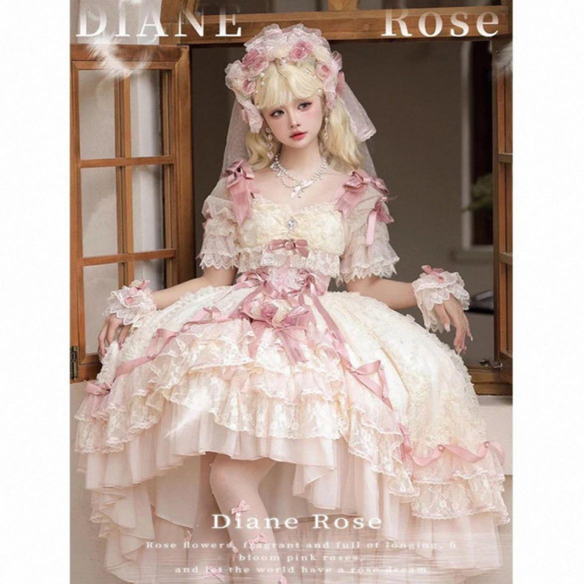 핑크 로리타 공주 드레스 우아한 성인용 긴팔 프릴 드레스 데일리 돌잔치 엄마 드레스 코스프레용 새틴 소재 달콤한 스타일