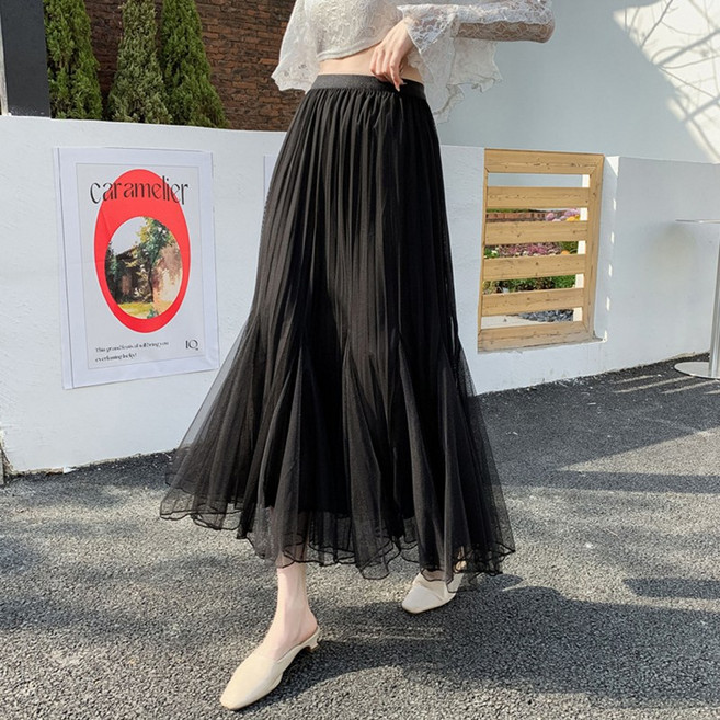 여성용 봄가을 망사 하이웨스트 a라인 플리츠 스커트 데일리 캐주얼 미디 치마 슬림소녀