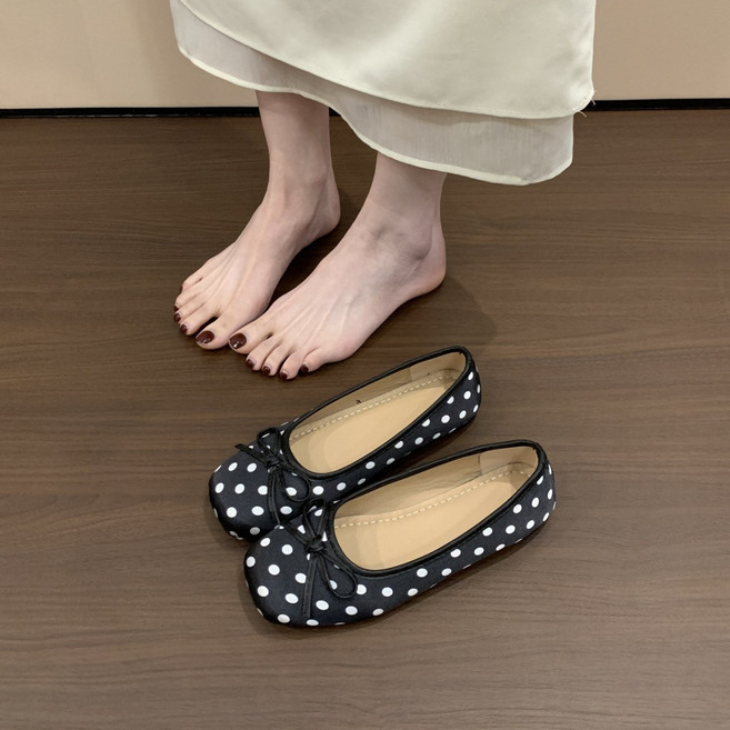 ANYOU 여름 여성 러블리 땡땡이 플랫 슈즈 리본 발레코어 로퍼 빈티지 발편한 플랫 슈즈