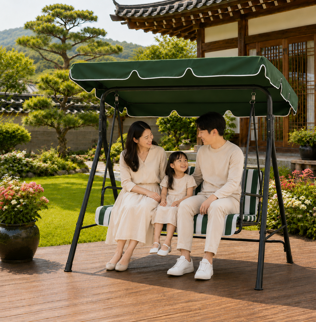 2위 - 3인용 야외 그네의자 정원그네 철제 프레임 캐노피 쿠션 테라스 발코니 스윙체어, 화이트 그린
