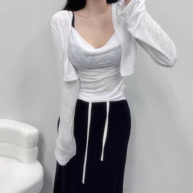 VANANA2 여성 국내제작 말라보이는핏 얇은가디건 드레이프 나시가디건세트 투피스
