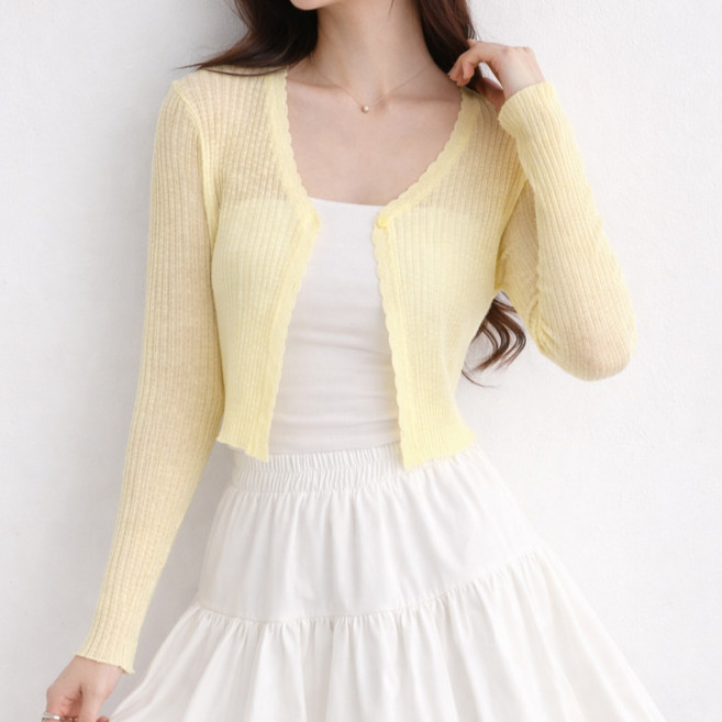 다미타니 브이넥 크롭 시스루 긴팔 골지 가디건 OCZ1036