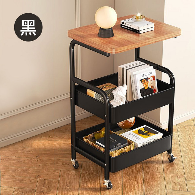 三層置物小推車 木質檯面 黑色 廚房收納車, 黑, 3層