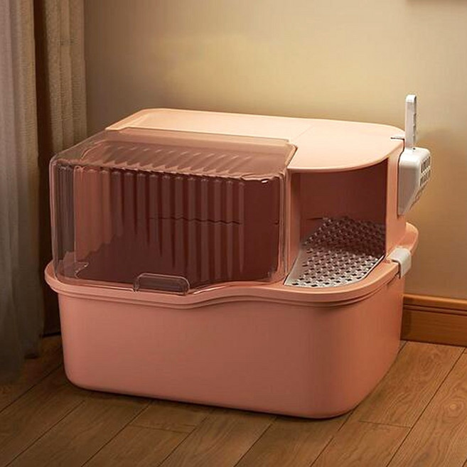 개과천선 레네티 캣 토일렛 후드형 오픈형 전면분리 고양이 화장실 사막화 방지 모래삽 포함, 파스텔 핑크, 1개