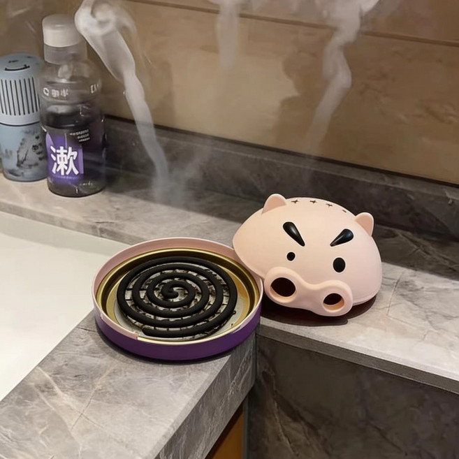 蚊香盤 15cm加大直徑 檀香/蚊香皆可適用, 1個, 可愛豬豬蚊香接灰盤-1個