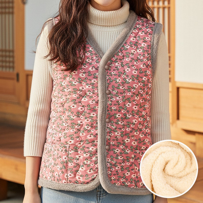 라뷰드 꽃무늬 털안감 촌캉스 할머니 조끼 따뜻한 털안감 겨울 김장 베스트 남녀공용 커플 플라워 패턴 보온 이너 입체 퀄팅 가벼운 방한복