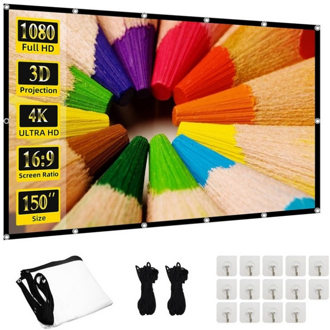 VEIDADZ 가정용 주름방지 고밀도 폴리에스터 빔프로젝터 스크린 휴대용 백색, 150형, 16:9