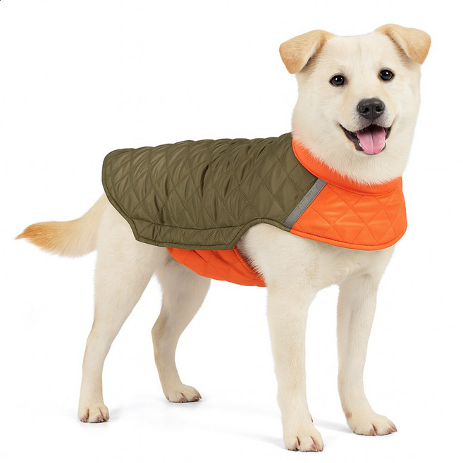 대형견 양면 경량 패딩 8가지 사이즈 깔깔이 하네스 벨크로 체크 조끼, 1개, 카키오렌지