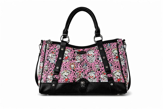 ED HARDY 여성용 레오파드 스컬 사첼 핸드백 탑 핸들 및 탈착식 화이트 크로스바디 스트랩 포함 레드 원사이즈 그외 각종 595194