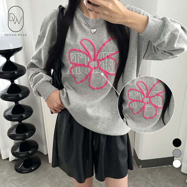 디테일웨어 여성 플라워 맨투맨 발포나염 프린팅 간절기 루즈핏 긴소매 티셔츠 특양면 여자맨투맨 캐주얼 데일리룩