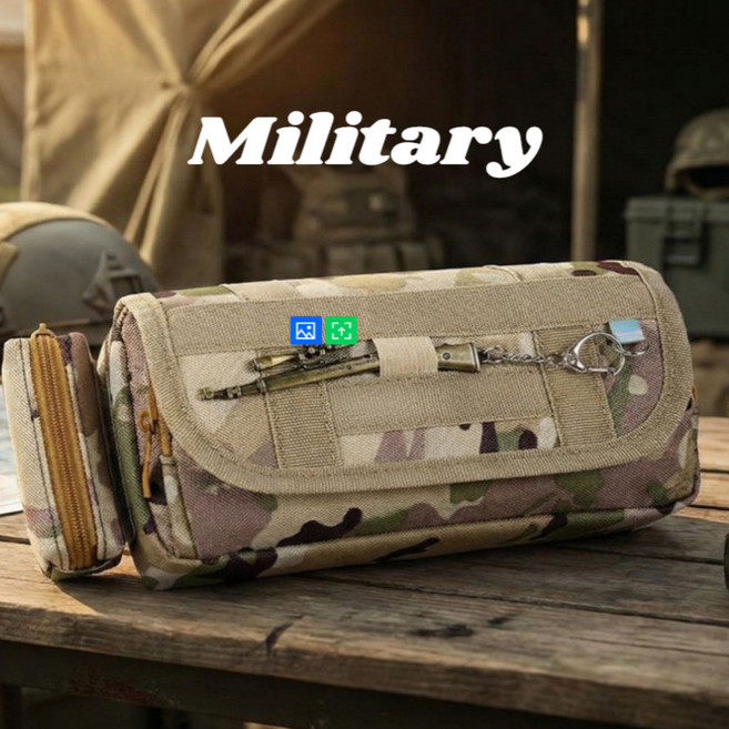 밀리터리 감성 대용량 필통 멀티 수납 펜슬케이스, 1개, 베이지