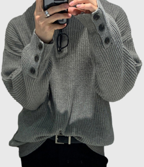 킹앤조이 포브티 버튼포인트 소매 라운드넥 니트