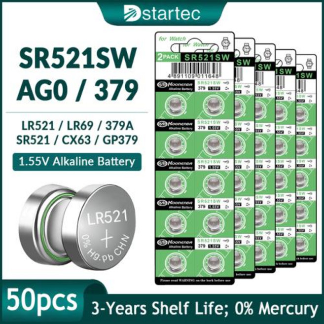 Koonenda 알카라인 버튼 배터리 열쇠고리 손전등 장난감용 코인 셀 시계 배터리 SR521SW 379 SR521 179 SR63 LR521 AG0 155V, 4) 50pcs