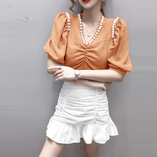 TKX 여성용 브이넥 퍼프소매 셔링 포인트 크롭 반팔 블라우스 심플 데일리 우아한