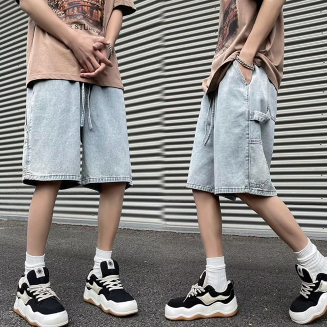 Asure 남자 여름 청 반바지 빈티지 와이드 밴딩 5부 데님 반바지