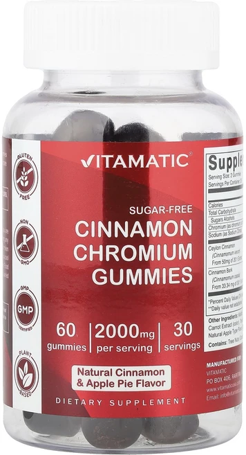Vitamatic 시나몬 크로뮴 구미젤리 천연 시나몬 및 애플 파이 2000mg 구미젤리 60개(구미젤리 1개당 1000mg), Vitamatic시나몬크로뮴구미젤리천연시나몬및애플파이2, 1개, 60정 - 쿠팡