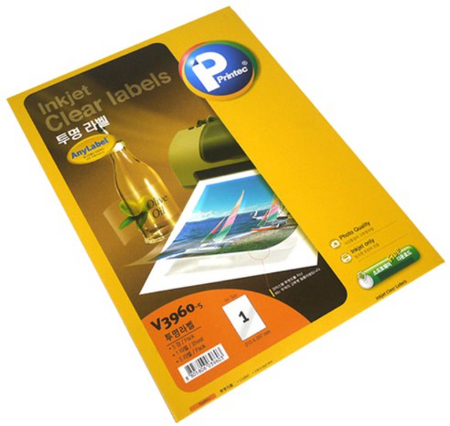 프린텍 투명 라벨지 V3960-5, 1칸, 5개