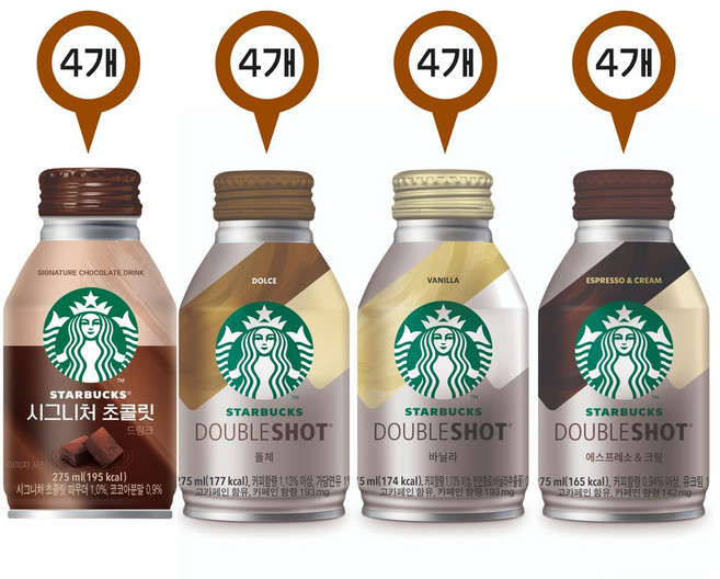 스타벅스 캔커피 4종 혼합세트 (시그니처초콜릿+돌체+바닐라+에스프레소앤크림), 16개, 275ml