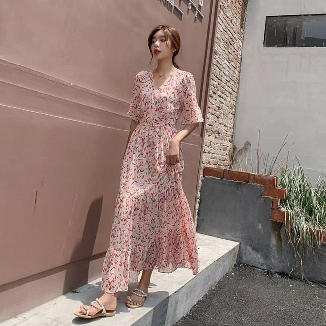 WIHOLL 여성 빅사이즈 브이넥 플라워 쉬폰 원피스 여름 허리라인 슬림핏 데일리룩