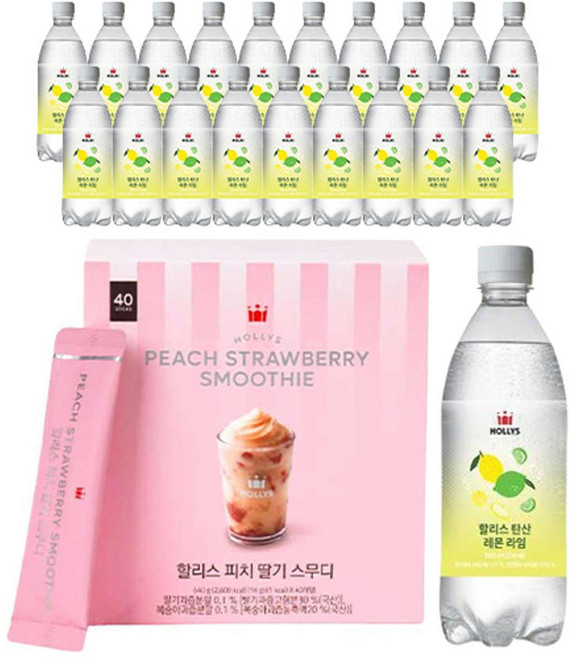할리스 탄산음료 레몬라임 500ml 20개 + 스무디 스틱 피치딸기 640g(16g 40입) 1개, 할리스 탄산수 레몬라임 500ml, 20개 + 스무디