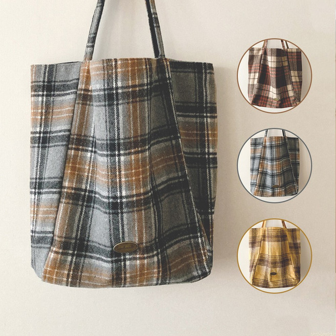 오릴리 체크무늬 모직 중형 에코백 3종