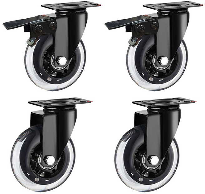 평판 회전 브레이크 무소음 우레탄 산업용 대차바퀴 4개구성, DPR2D, 1세트