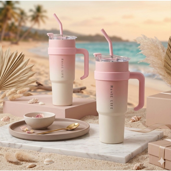 르비에 텀블러 대용량크기 대용량 전용빨대 스텐 전용손잡이 차량 컵홀더에 쏙, 2개, 1.8L, 핑크