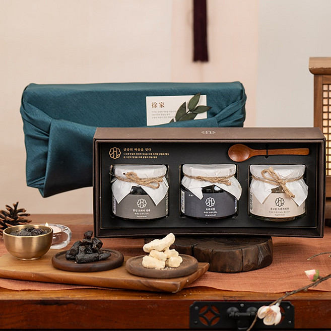 궁중비법 서가 도라지정과 도라지청 한상 양가 부모님 상견례 첫인사 명절 설 선물 세트, 1개, 한입도라지정과+콩고물도라지정과+도라지청, 산서함411 + 딥그린 소매 보자기