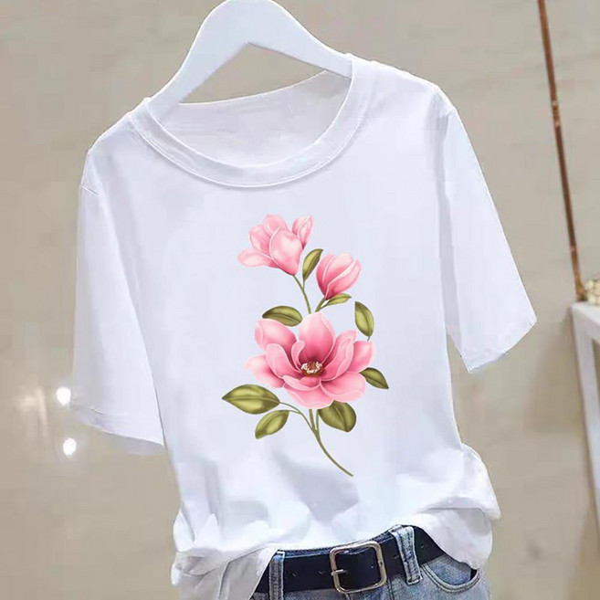 ROYALBELLE 여성 중년 라운드넥 프린트 패턴 캐주얼 루즈핏 반팔 티셔츠 T06031010