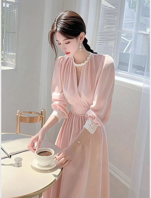 봄 가을 여성 긴팔 롱 원피스 프렌치 허리 조임 롱원피스 빅사이즈 데일리 여자 하객룩 원피스 YJW