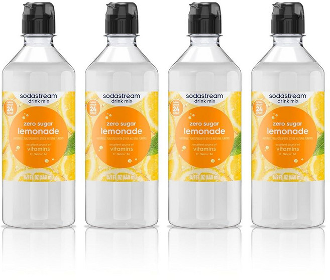 SodaStream 제로 레모네이드 드링크 믹스 뉴 푸어 보틀 450ml(14.9온스) (4팩)124566, SodaStream 제로 레모네이드 드링크 믹스, 뉴, 450ml