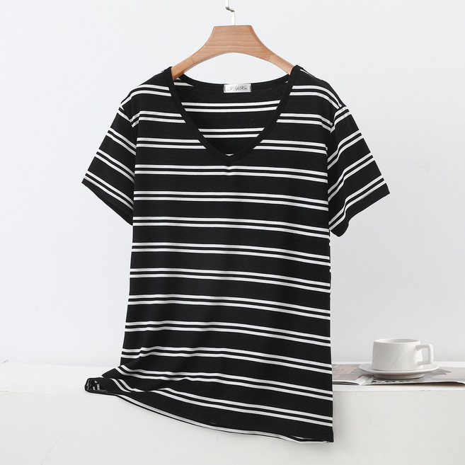 여성 오버핏 브이넥 줄무늬 반팔 티셔츠 비스코스 스판 WXG-719