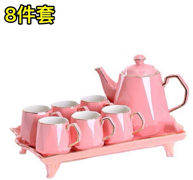 精緻瓷器下午茶咖啡杯茶具茶壺托盤組, Luxury Pink SET 8件套組, 1個