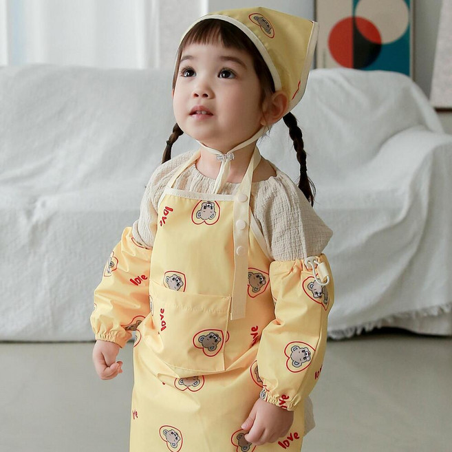 원라인 유아 어린이 앞치마세트 (앞치마+두건+토시 3종세트), 하트곰