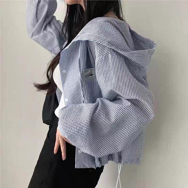 條紋連帽襯衫外套 寬鬆版型