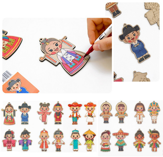 [바이위즈] 다문화 팬시 우드 만들기 수업 교육 학습 세계 전통 의상 꾸미기 색칠 놀이 글로벌 문화 배우기 미술 교재, 다문화(베트남)