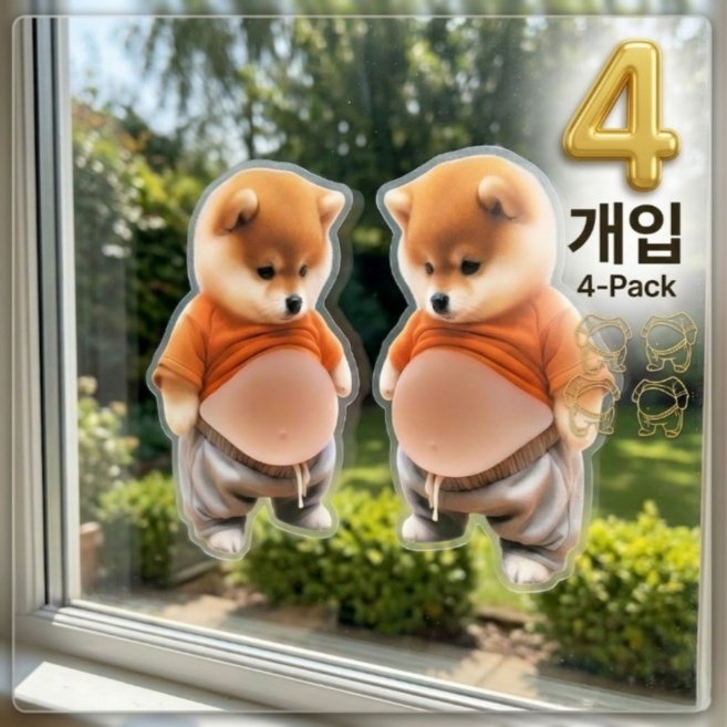뽈록한 배 시바견 캐릭터 쿠션 스티커 4p 1세트, 1개, 회색티