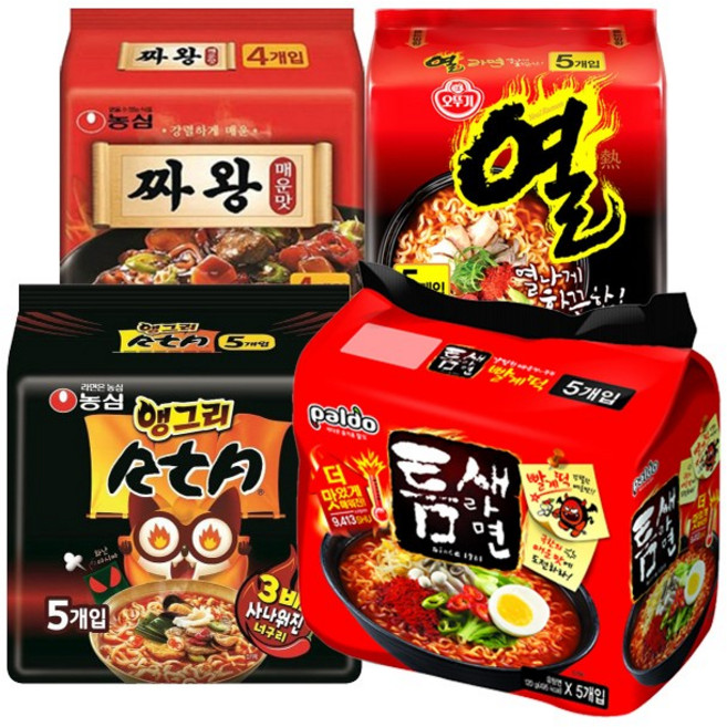 오뚜기 열라면5입+틈새라면5입+앵그리너구리5입+짜왕매운맛4입, 1세트