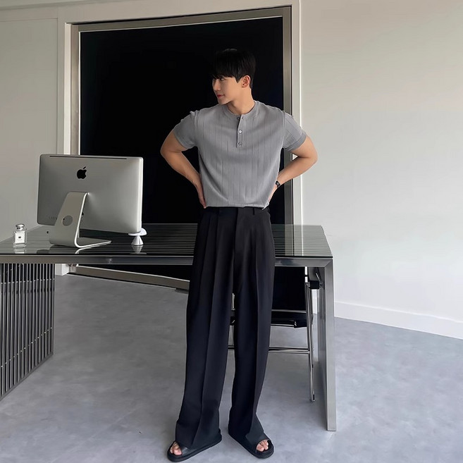 ANYOU 남성 빅사이즈 와이드 슬랙스 핀턱 밴딩 링클프리 통기성 좋은 여름 바지