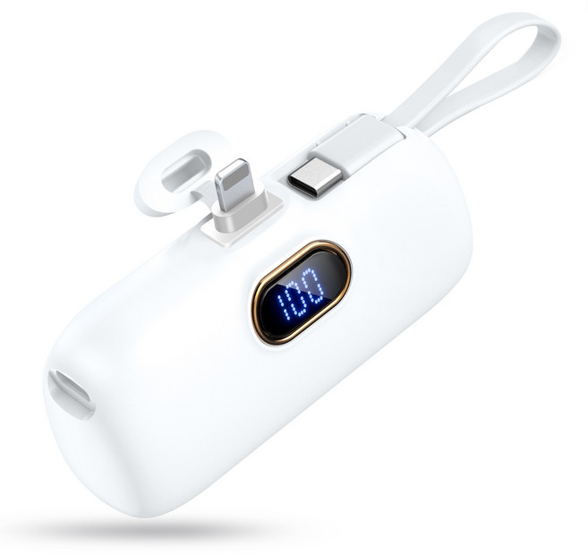 OGIVA 보조배터리 5000mAh 미니 LCD 잔량표시 일체형 8핀 C타입 포켓 배터리, WHITE