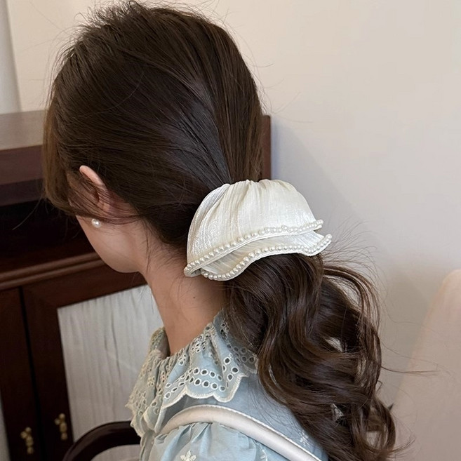 法式高級緞面蝴蝶結抓夾 珍珠髮飾