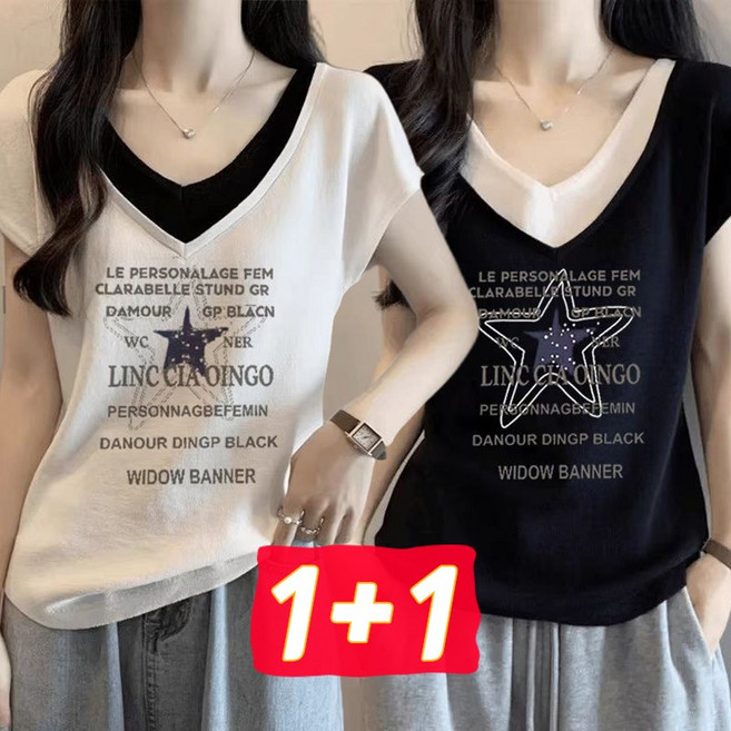 1+1 여자 레이어드 브이넥 반팔티 별 프린트 루즈핏 롱티 슬림핏 시원한 여름티셔츠