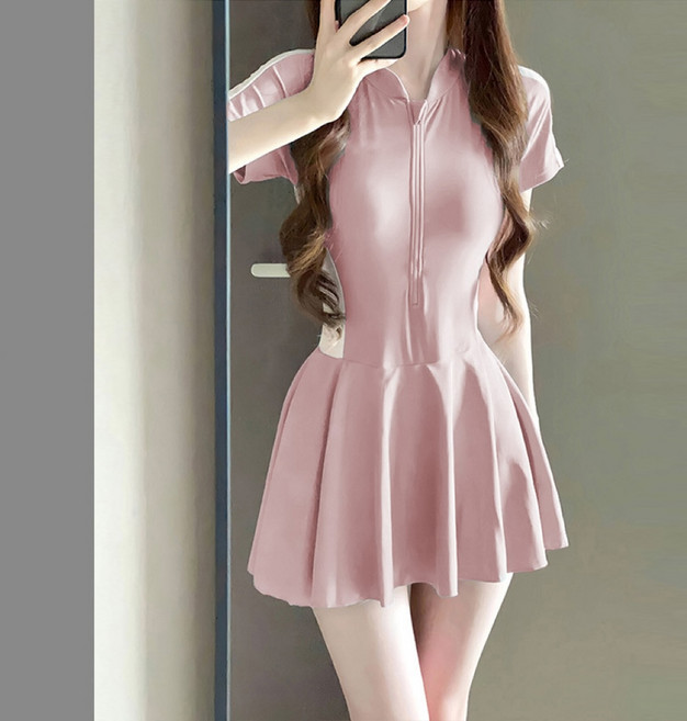 ANYOU 여성 수영복 플레어 원피스 수영복 반집업 비치 수영복, 핑크