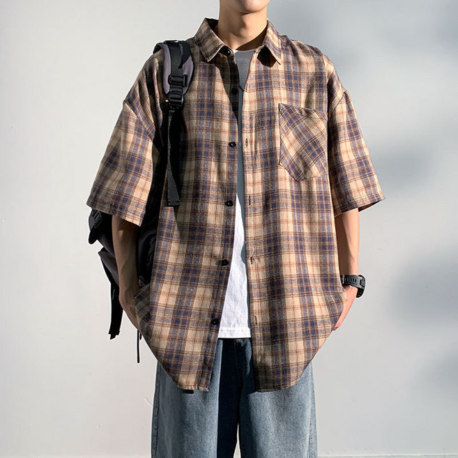 新款格子短袖襯衫男士夏季休閒襯衣寬鬆潮流薄款半袖上衣外套