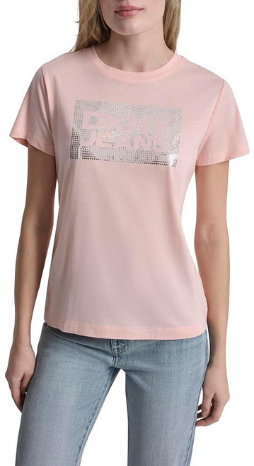 DKNY 스팽글 박스 로고에 스택 로고가 있는 여성용 크루넥 티 피치 스프릿츠/실버 XL 그외 각종 557433