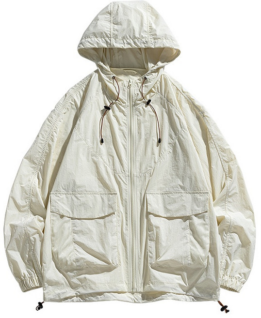 AOKADA 남녀공용 여름 쿨링 아이스 후드 집업 자외선차단 바람막이 반바지 투피스 세트, 아이보리